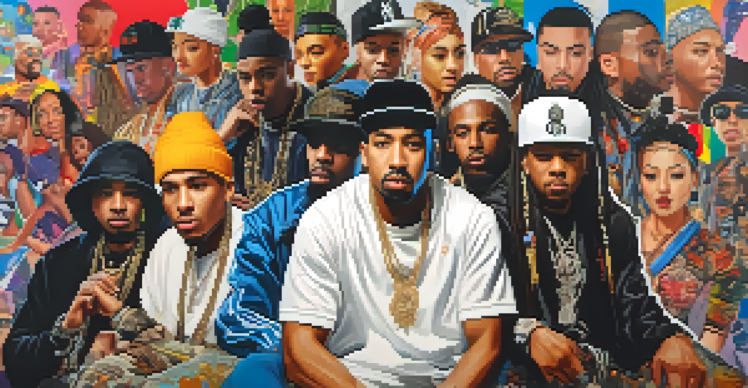 A diverse group of hip-hop artists from around the world, showcasing their cultural styles and expressions in a vibrant collage.