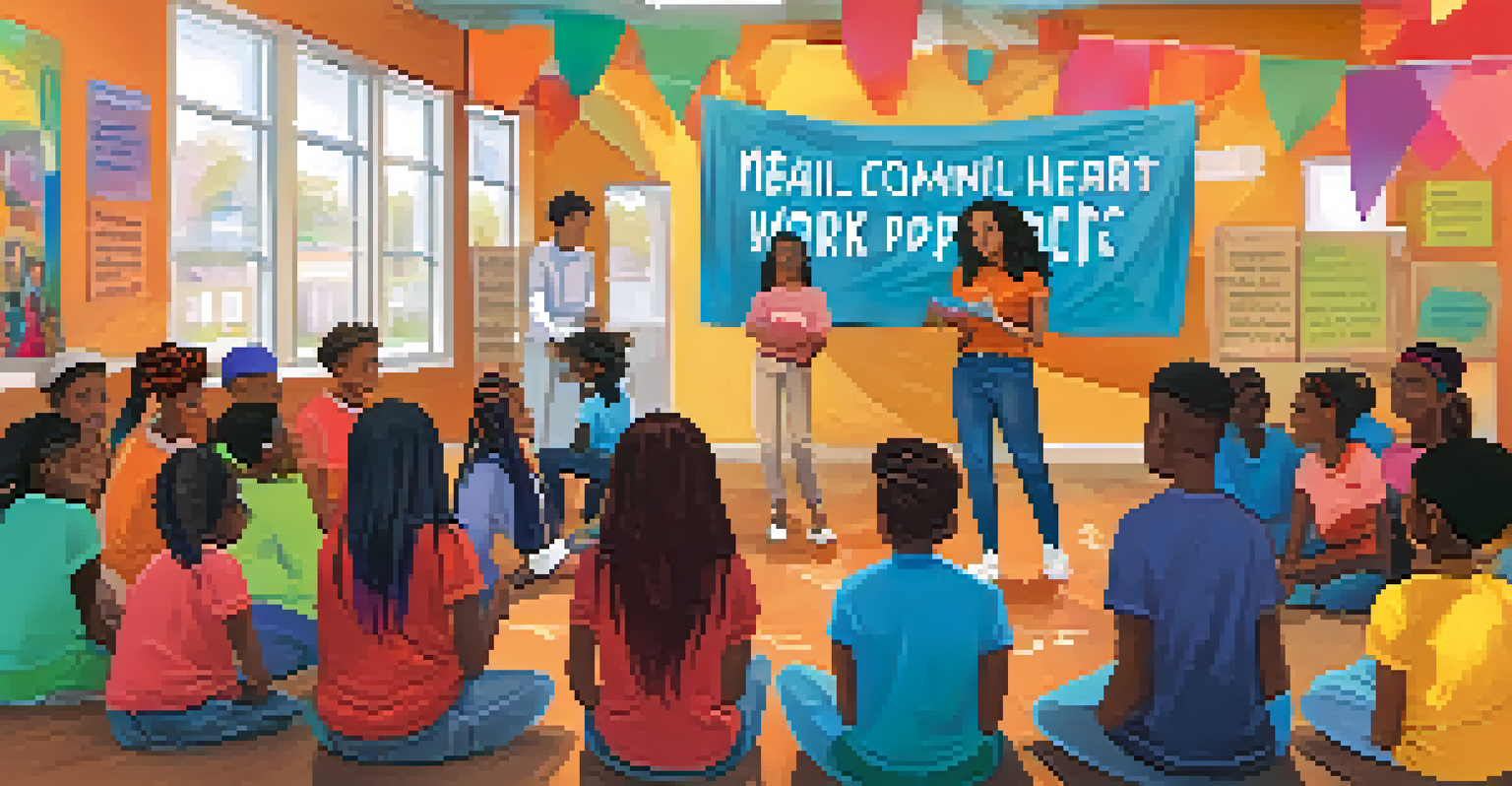 A community mental health workshop with diverse youth participants engaging in an interactive session in a colorful community center.