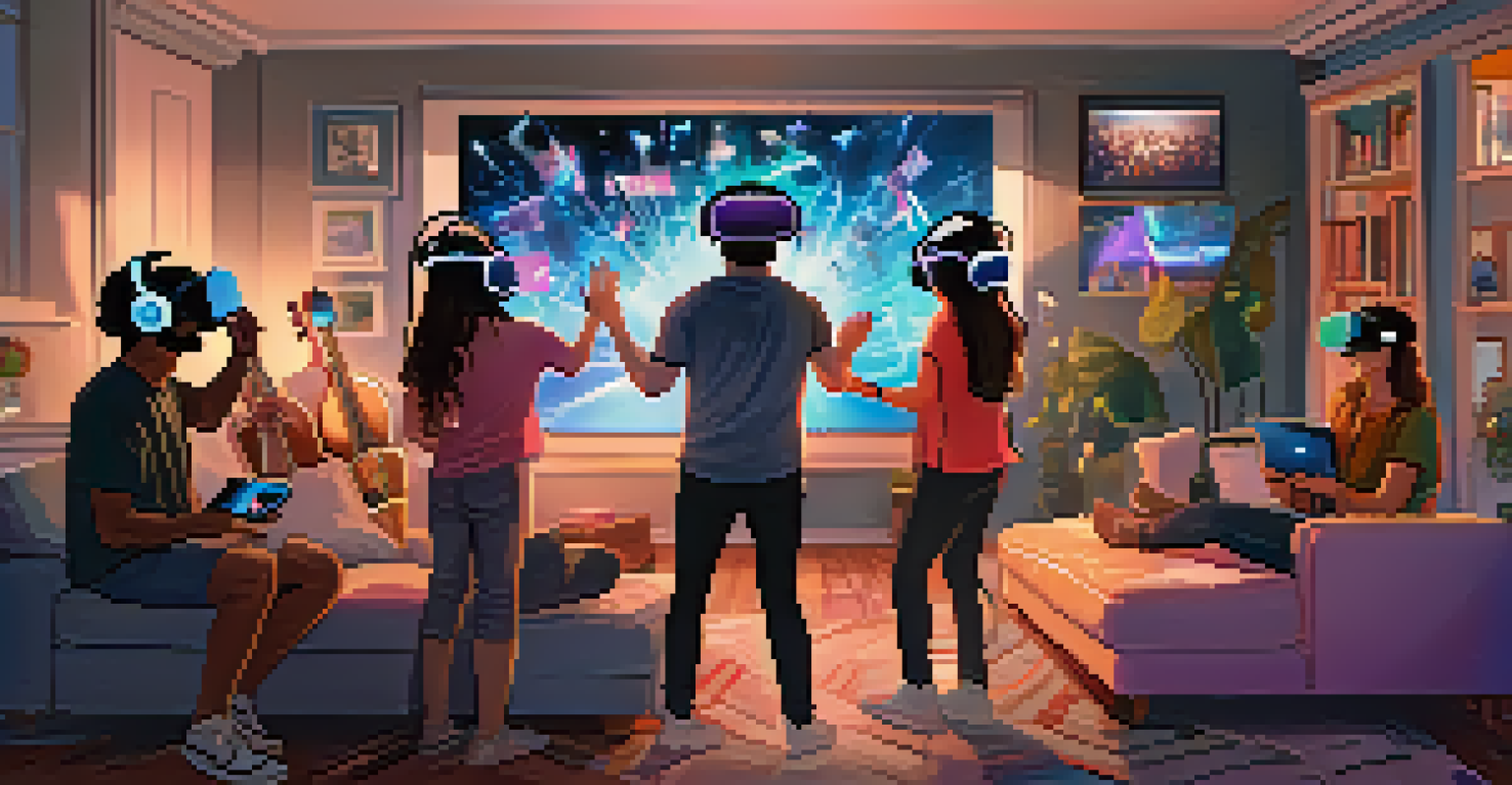 Friends enjoying a virtual concert at home with VR headsets, surrounded by colorful lights and music notes.