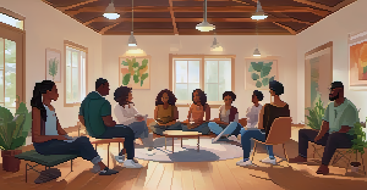 A mental health workshop in a cozy community center with participants in a circle discussing with a professional.