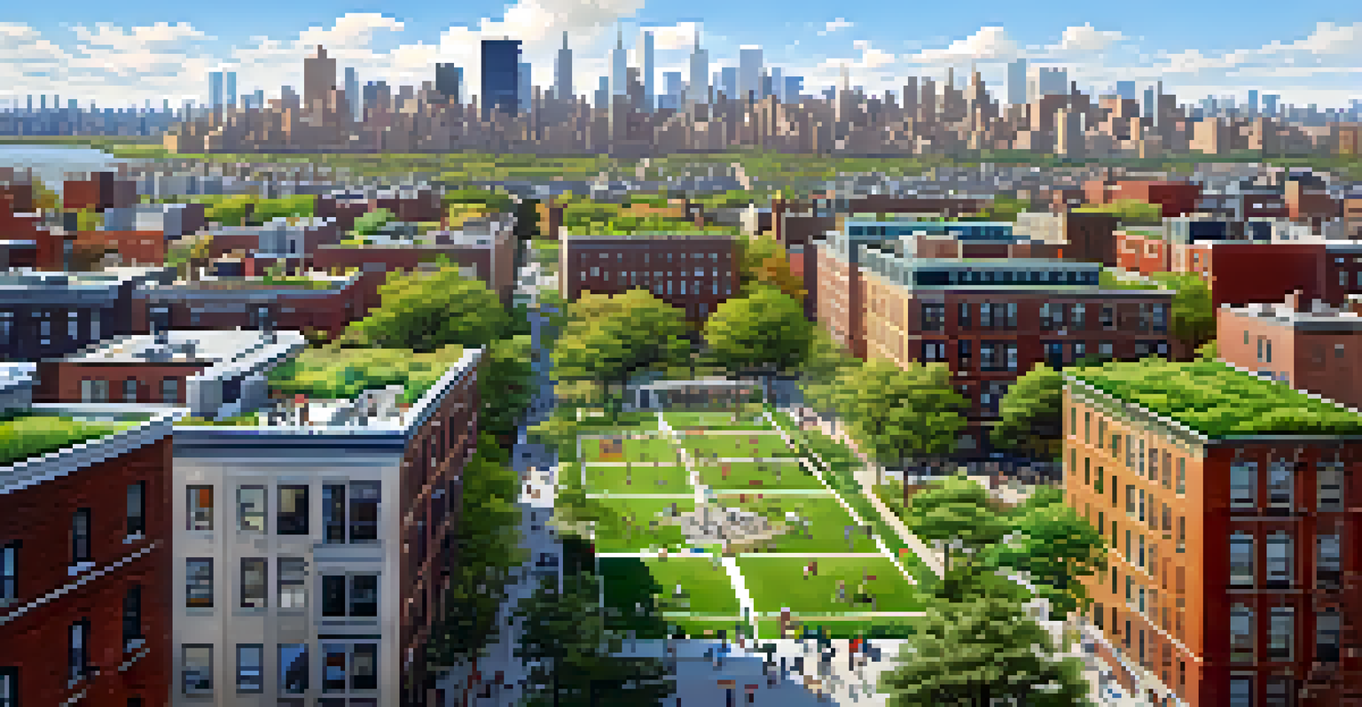 Aerial view of a New York City neighborhood featuring mixed-use buildings with green roofs and parks, illustrating vibrant urban life.