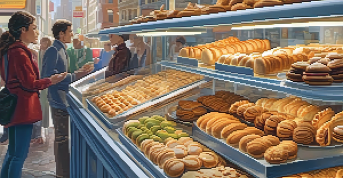 A vibrant bakery in New York City with a variety of pastries on display, including macarons, croissants, and empanadas, with customers enjoying their treats in the background.