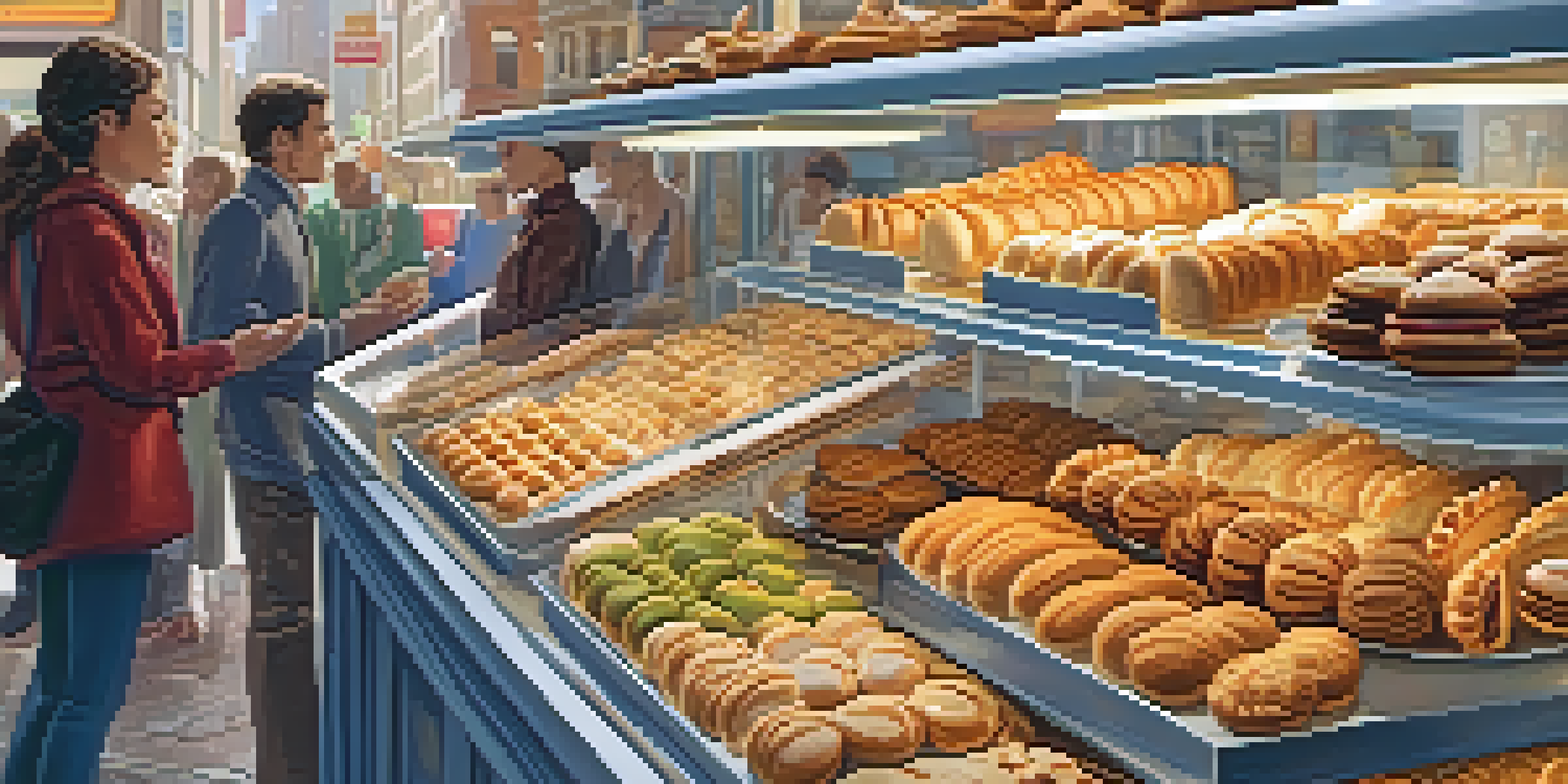 A vibrant bakery in New York City with a variety of pastries on display, including macarons, croissants, and empanadas, with customers enjoying their treats in the background.