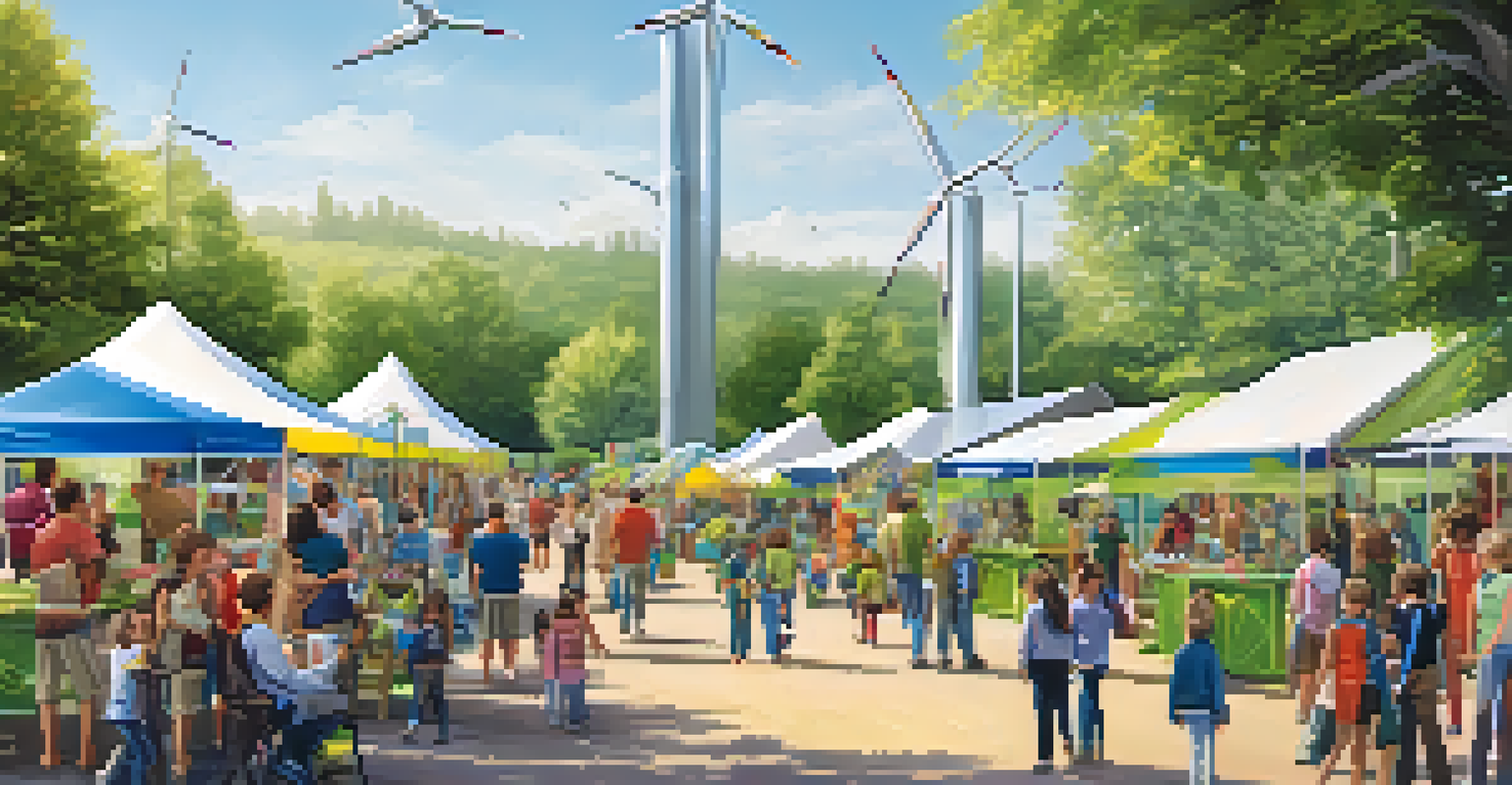 A community event in a park with booths showcasing renewable energy technologies and families engaging in activities.