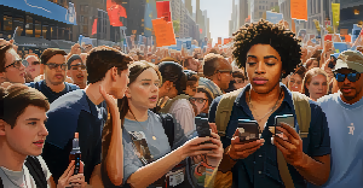 A close-up of a young activist documenting an event with a smartphone, surrounded by a lively crowd in New York City.
