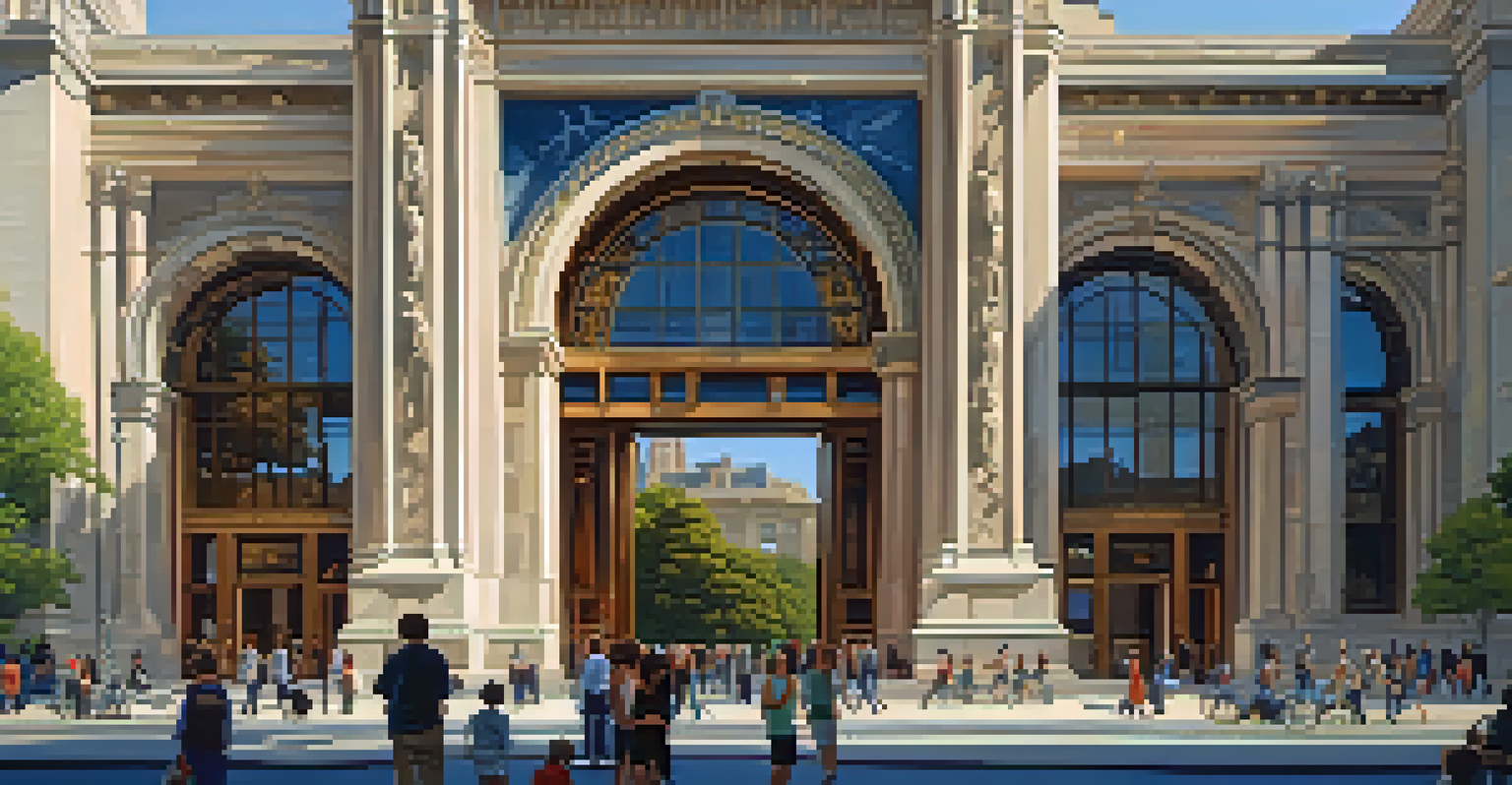 The exterior of the American Museum of Natural History, featuring its grand entrance, diverse visitors, and dinosaur skeletons visible through the windows, illuminated by warm sunlight.