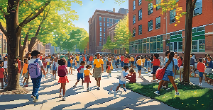 A diverse group of students learning outdoors at a New York City public school, surrounded by colorful murals and greenery, under a sunny sky.