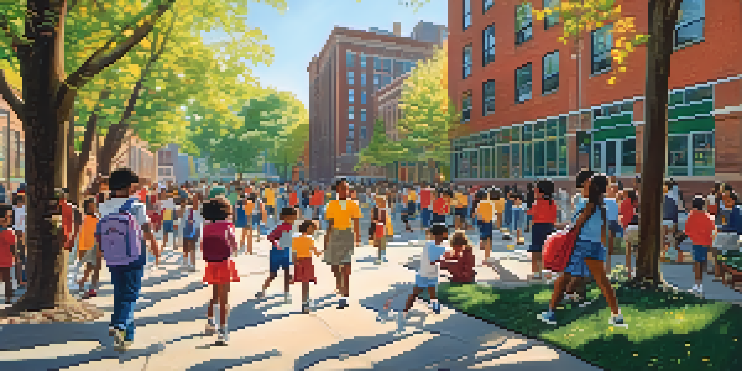 A diverse group of students learning outdoors at a New York City public school, surrounded by colorful murals and greenery, under a sunny sky.