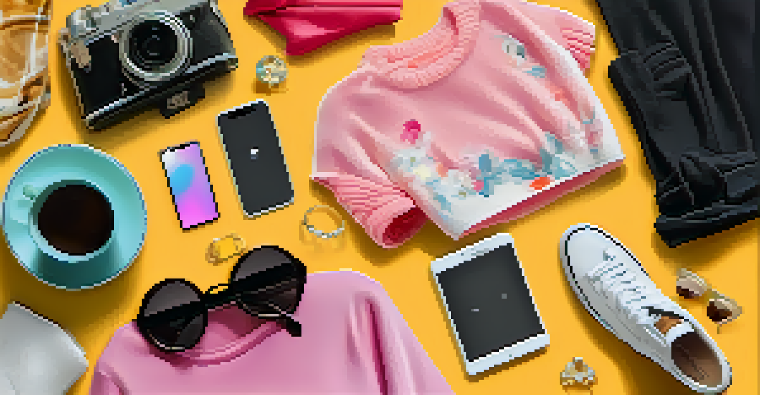 An artistic flat lay of a colorful outfit and accessories belonging to a fashion influencer, with a smartphone showing social media feeds, all arranged on a soft pastel background.