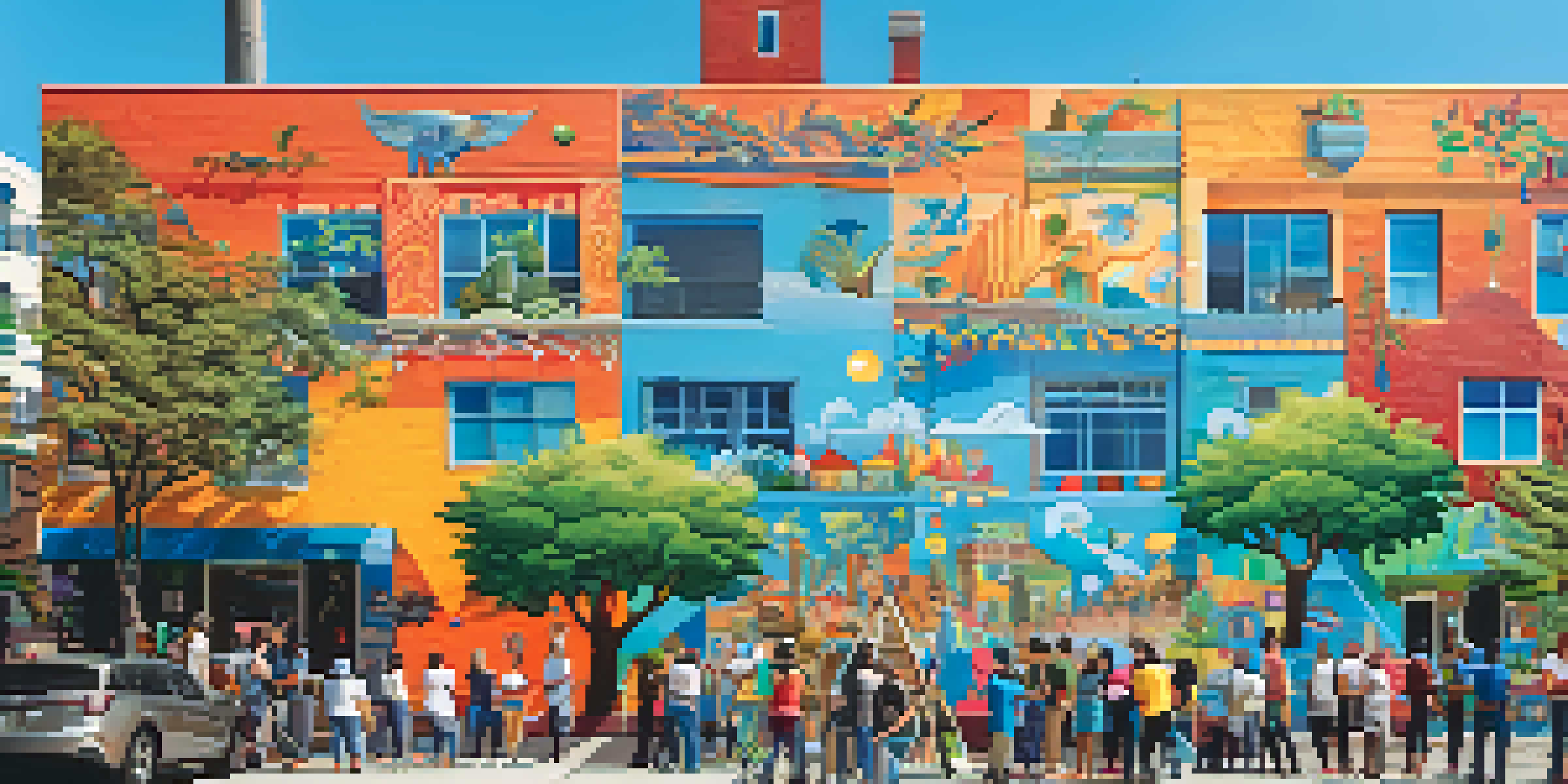A group of diverse volunteers painting a colorful mural in an urban neighborhood, representing various cultures.