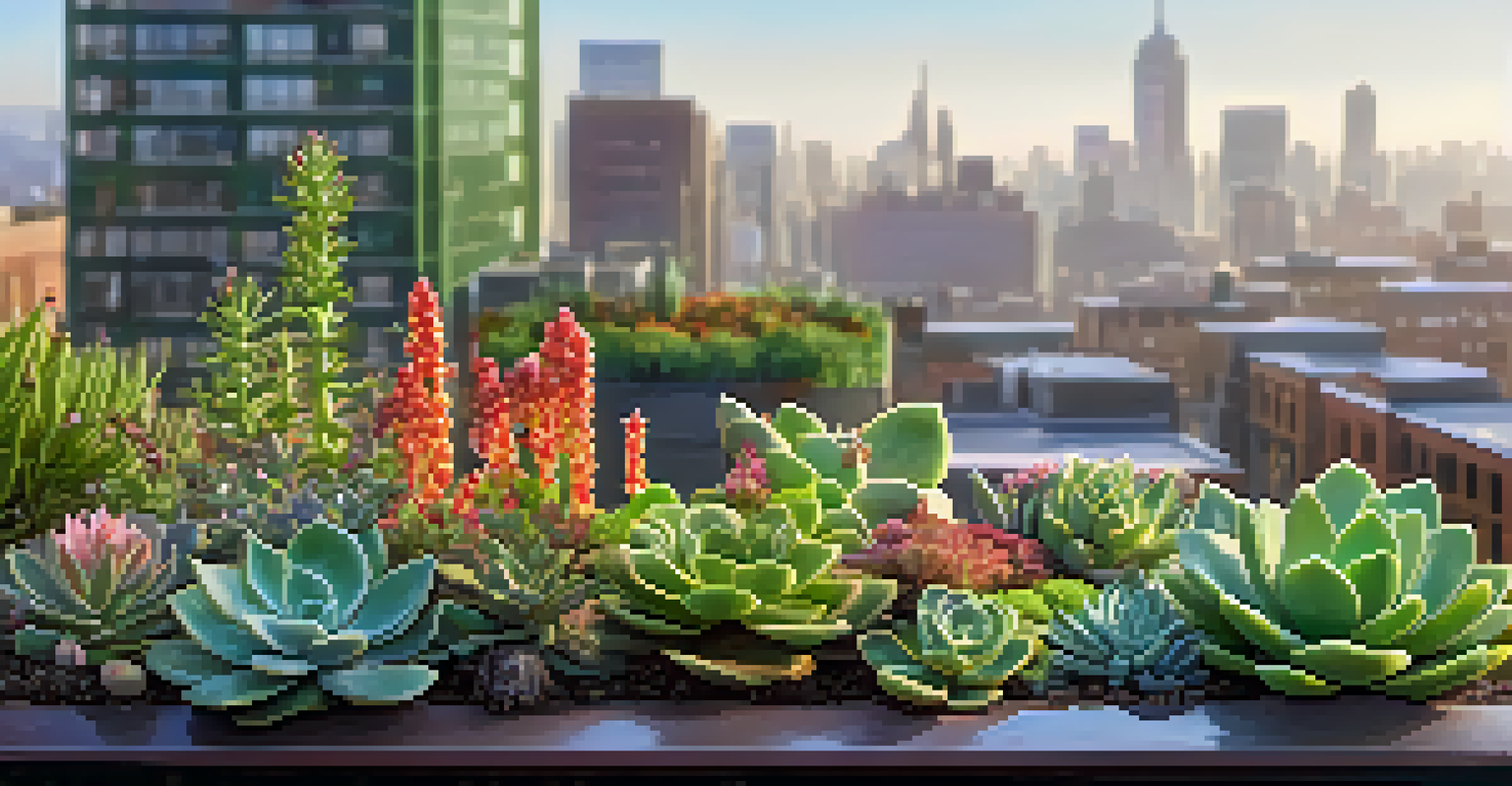 A close-up of a green roof with various plants and dew drops, with a blurred city skyline in the background.