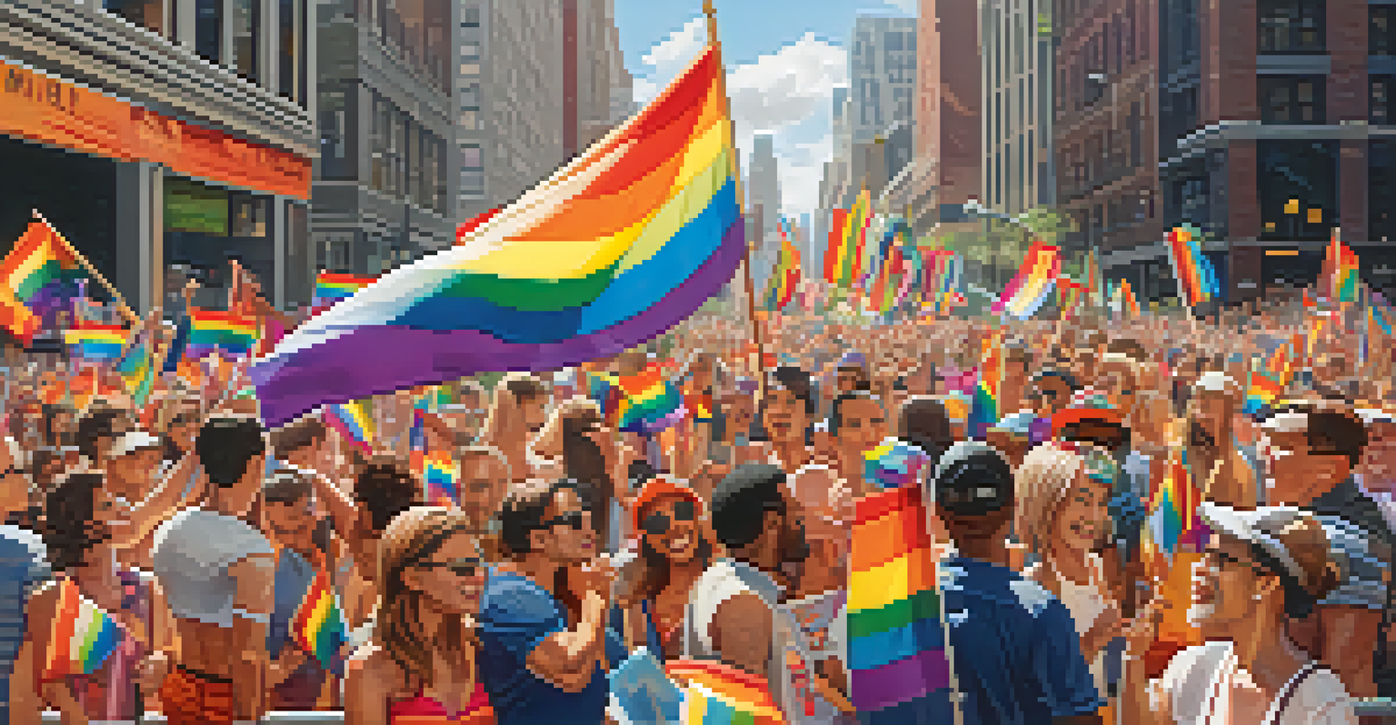 A lively Pride March in New York City, showcasing a diverse group of people celebrating with rainbow flags and colorful floats.