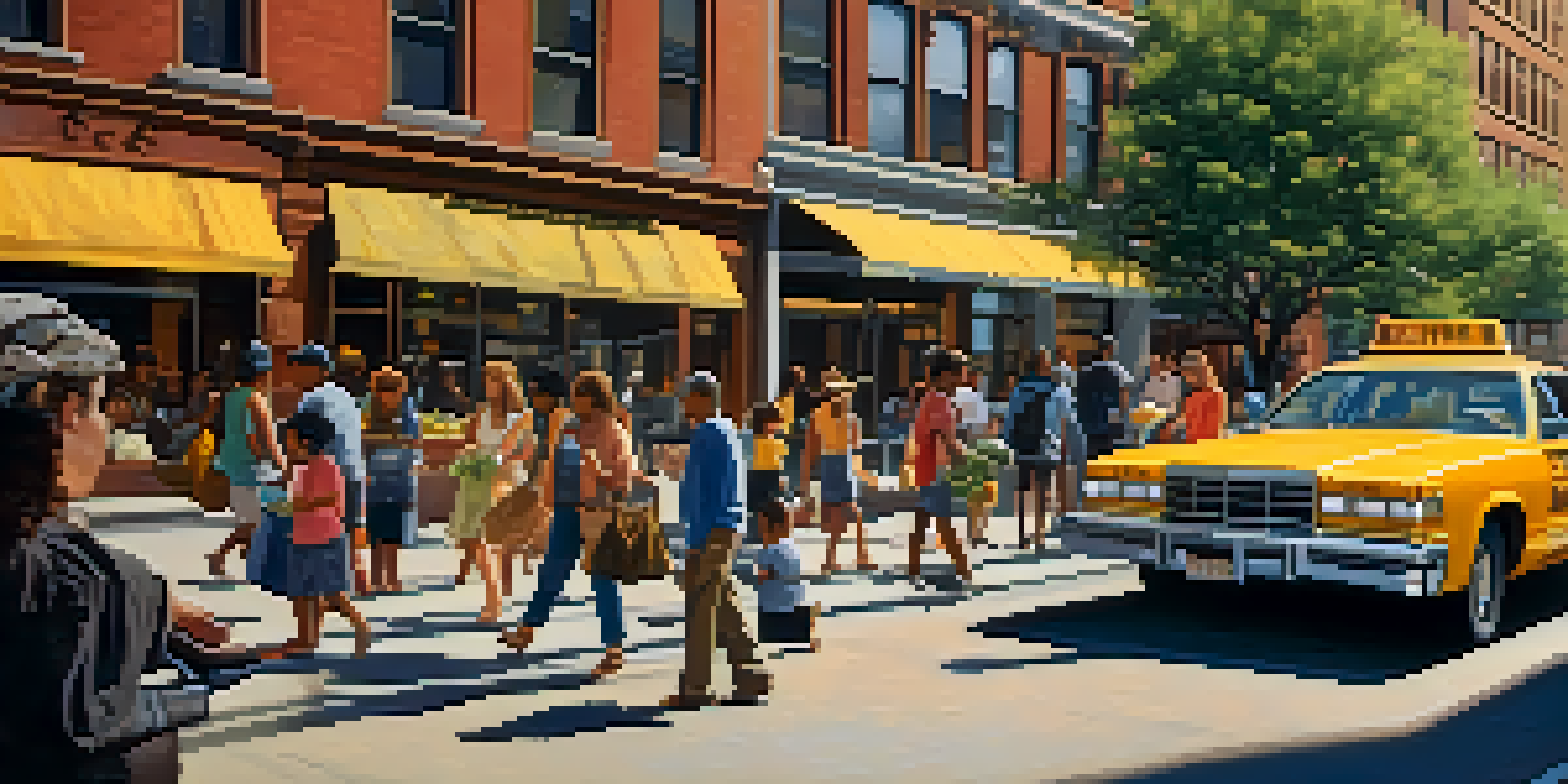 A bustling New York City street with families carrying groceries and discussing housing options, surrounded by iconic NYC architecture and yellow taxis in warm afternoon light.