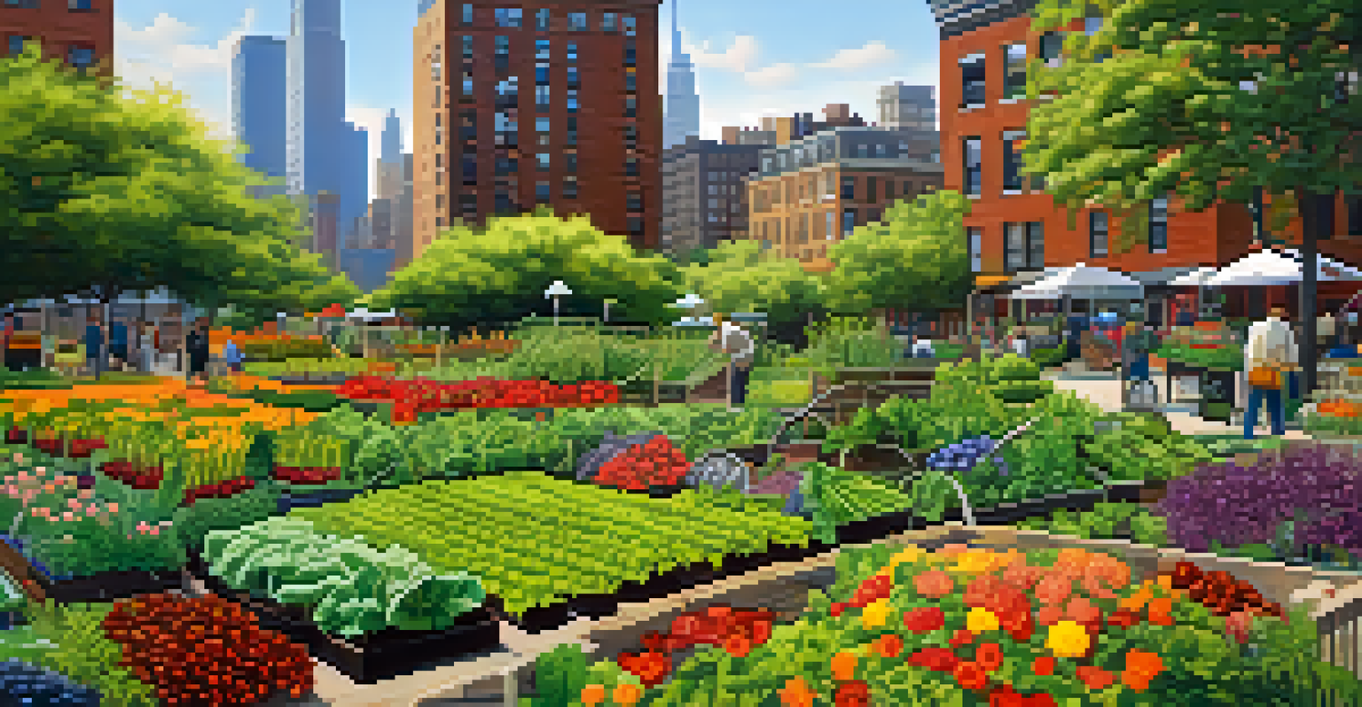 A close-up view of a thriving community garden in New York City, with colorful plants and a skyline in the background.