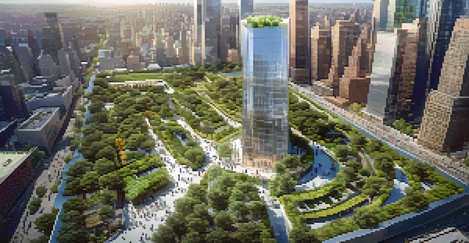 An aerial view of Hudson Yards in New York City, featuring green spaces and public art, with people enjoying the outdoor areas and a clear blue sky above.