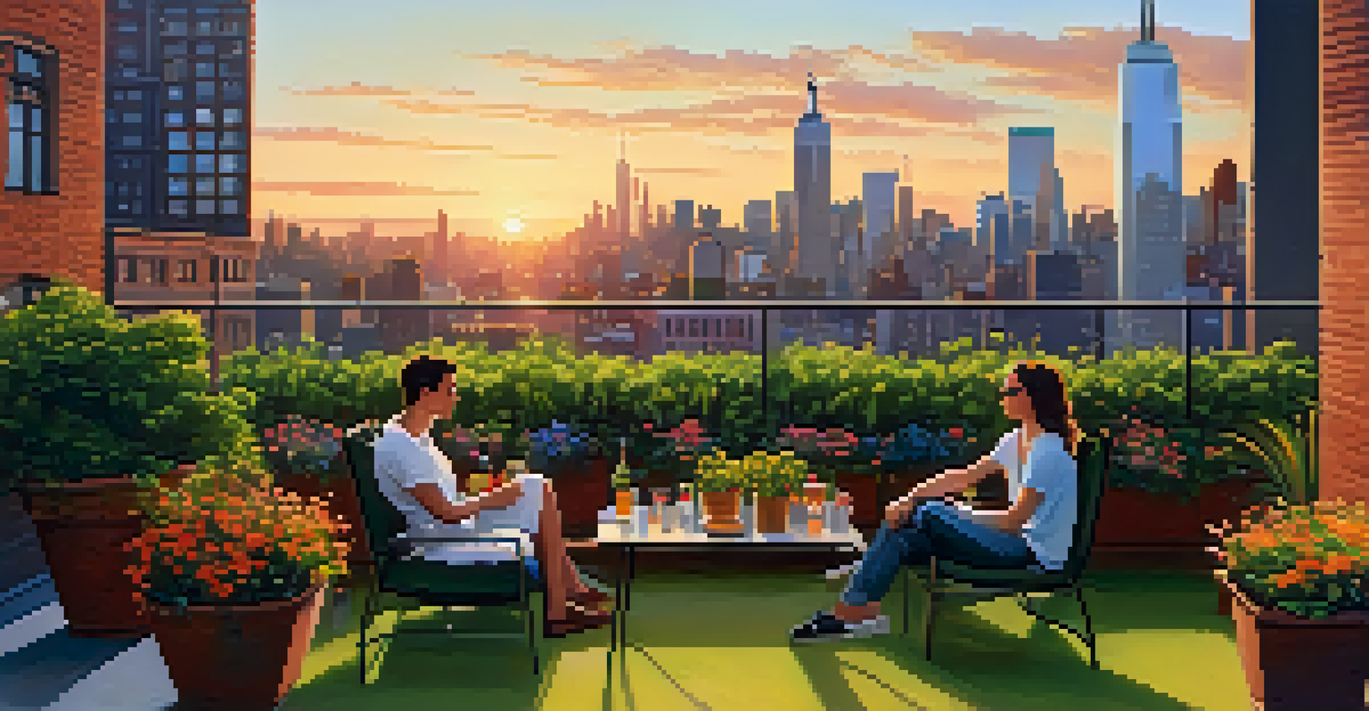 A rooftop garden in New York City with greenery and flowers, overlooking the skyline at sunset, with people relaxing in the space.