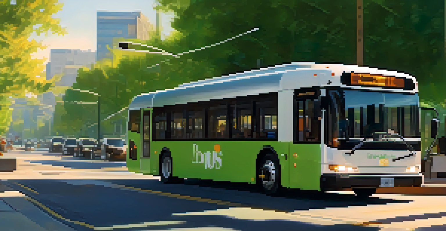 An electric bus driving through a green urban street with trees and smart traffic lights.