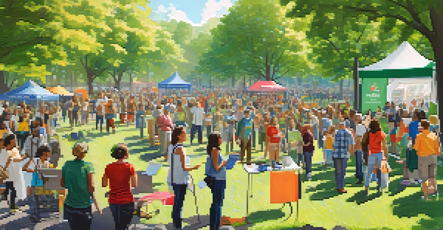 Residents participating in a community event in a park, planting trees and promoting air quality awareness with colorful banners.