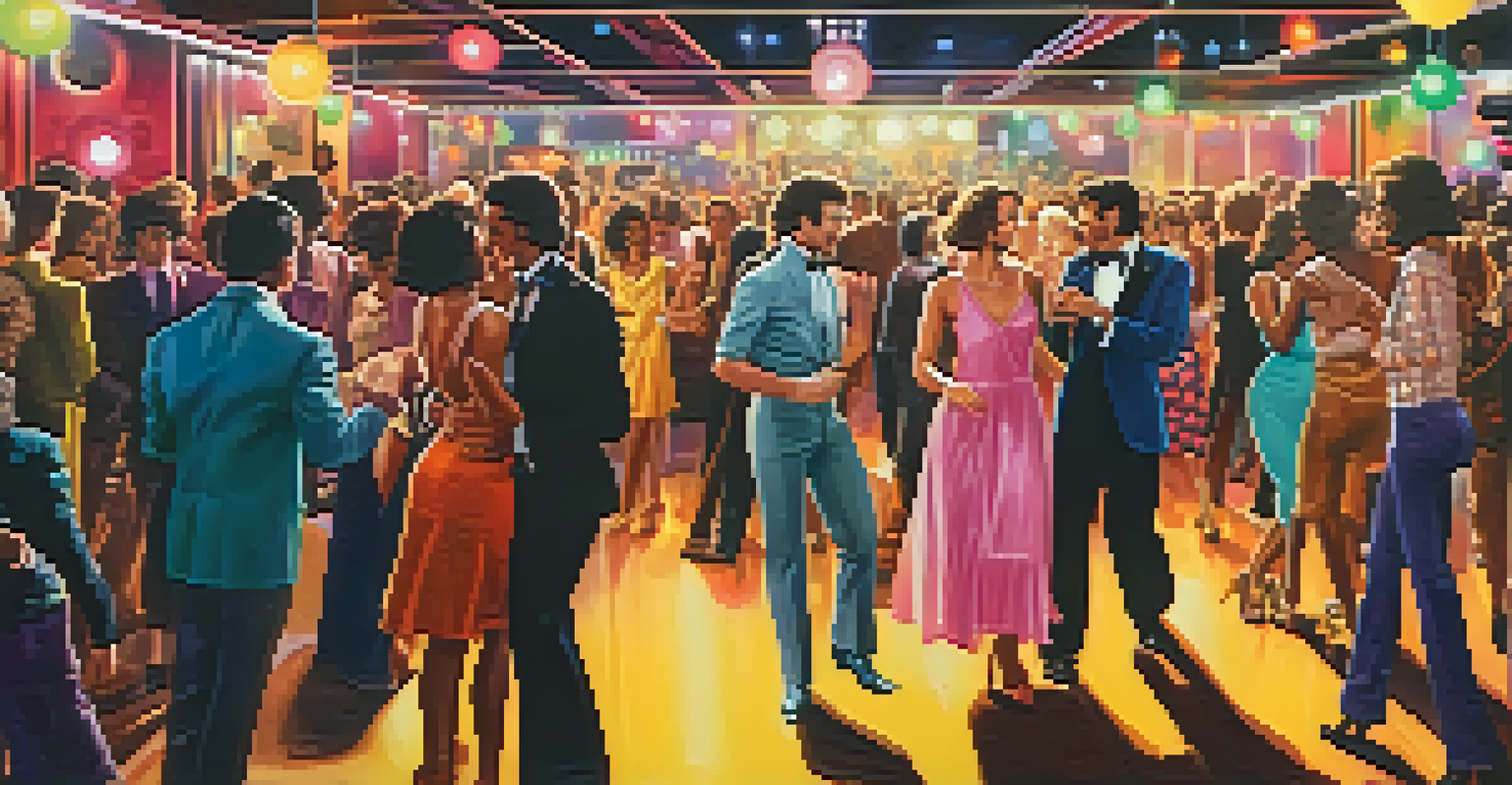 A nostalgic scene of a 1970s nightclub with disco balls and people dancing in vintage outfits.