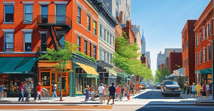 A lively New York City street with a mix of residential and commercial buildings, diverse people walking, and greenery from trees.
