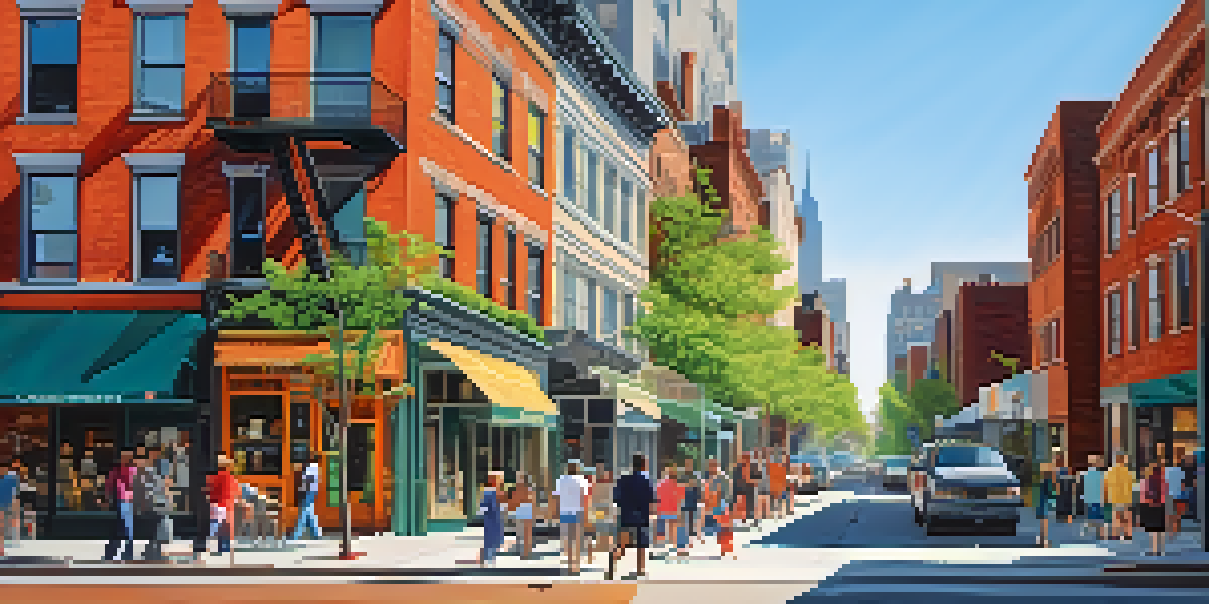 A lively New York City street with a mix of residential and commercial buildings, diverse people walking, and greenery from trees.