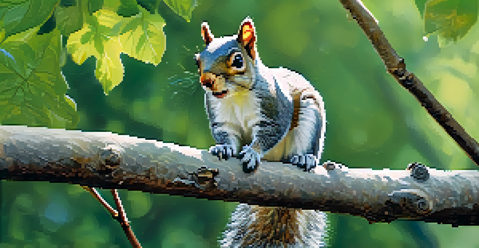 An Eastern gray squirrel playing on a tree branch in Central Park, with green leaves around it.
