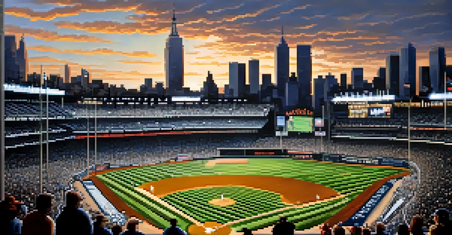 A bustling Yankee Stadium during a game, with fans in Yankees gear cheering, illuminated by stadium lights against the New York City skyline at dusk.