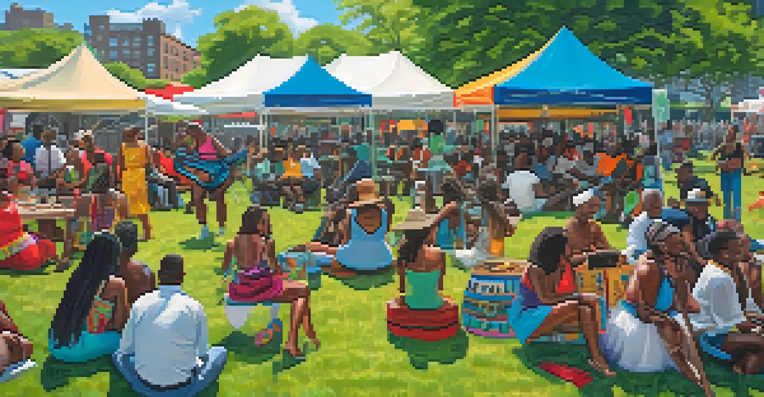 A colorful scene at the Harlem Arts Festival with performers on stage and an engaged audience enjoying the festivities.