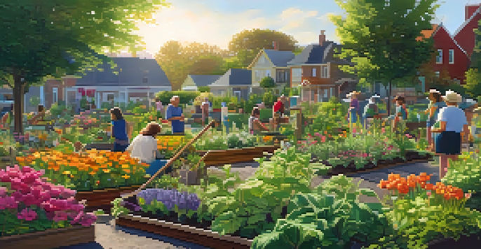 A community garden with residents of various ages caring for plants under warm sunlight, featuring colorful flowers and greenery.