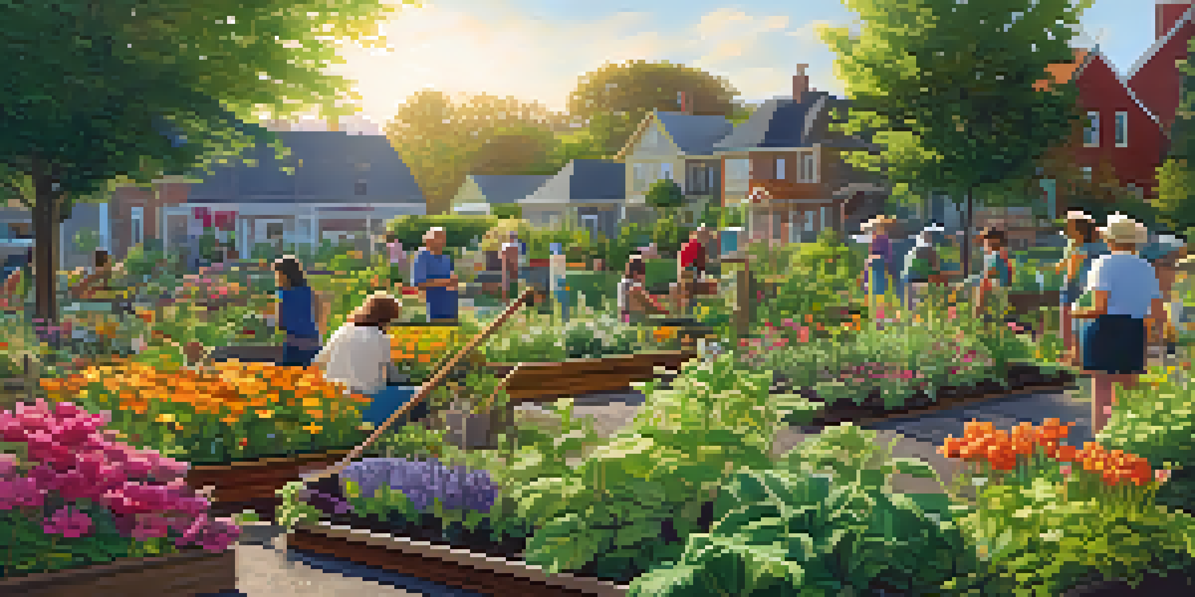 A community garden with residents of various ages caring for plants under warm sunlight, featuring colorful flowers and greenery.
