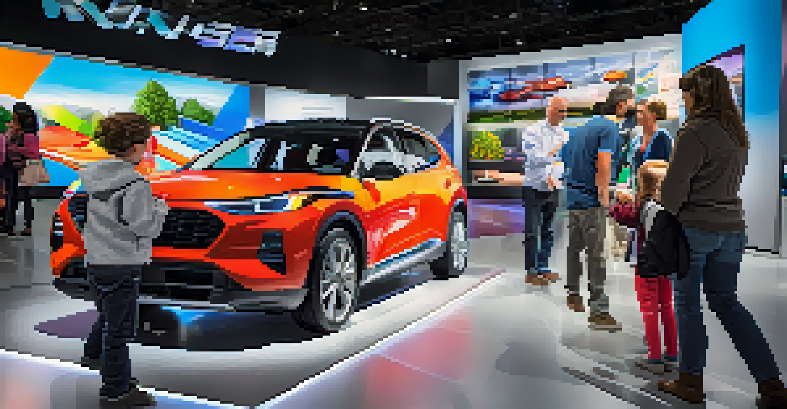 A family exploring an interactive exhibit at an auto show, engaging with technology and demonstrations.