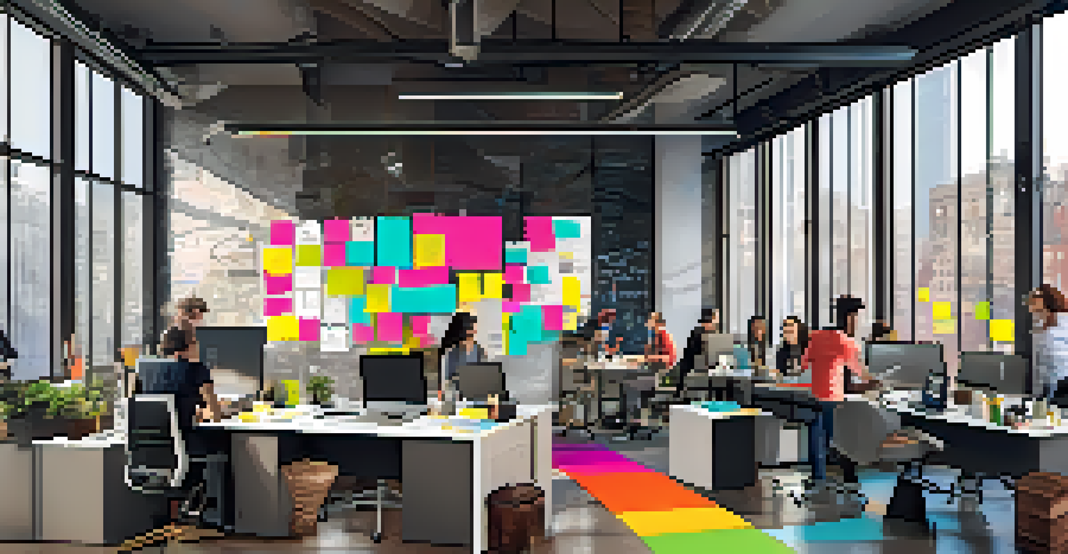 A bright modern office in NYC where young professionals are discussing digital marketing strategies with laptops open.