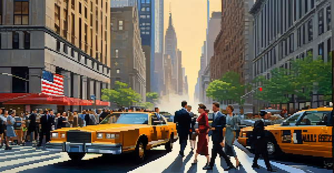 A busy Wall Street scene in New York City with professionals in suits and skyscrapers surrounding them, under morning sunlight.