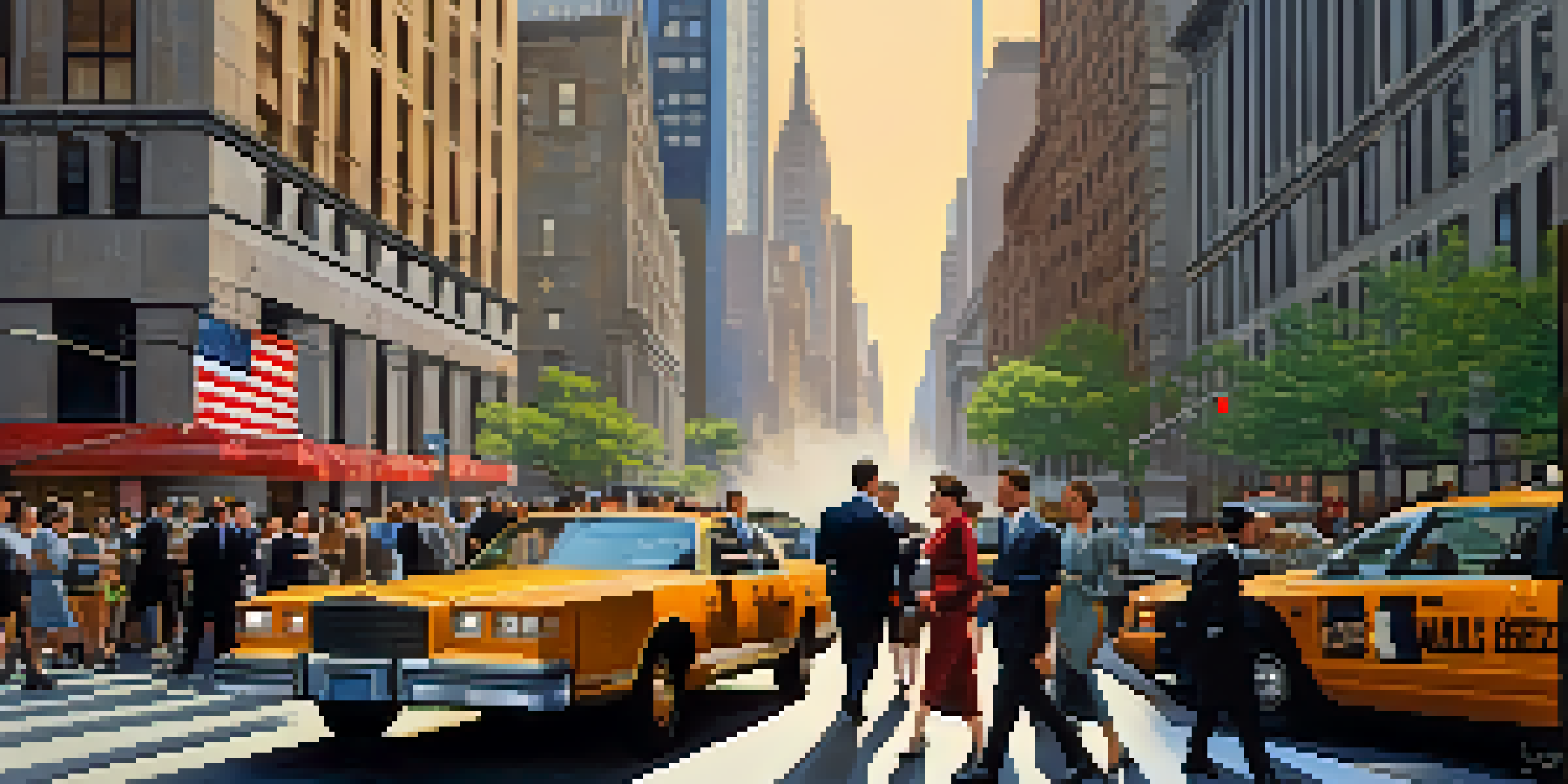 A busy Wall Street scene in New York City with professionals in suits and skyscrapers surrounding them, under morning sunlight.