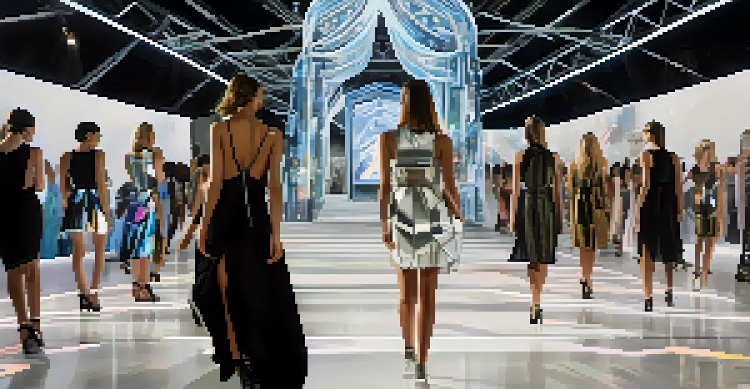 A model walking on a runway enhanced with augmented reality elements, surrounded by an audience engaging with virtual screens showing social media reactions.