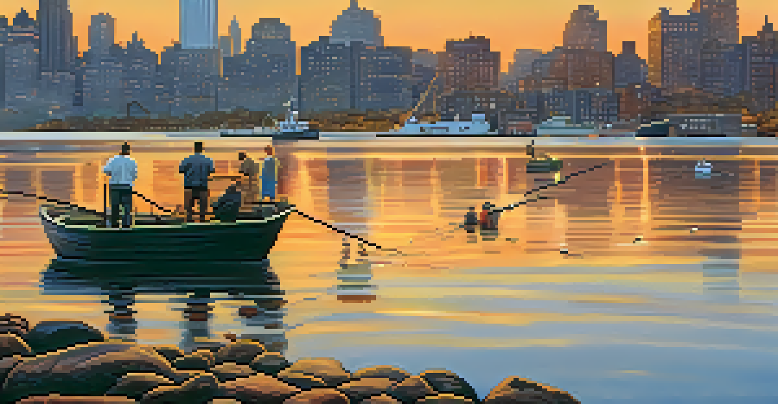 A scenic sunset view of the Hudson River with fishermen and seals, highlighting aquatic life in the city.