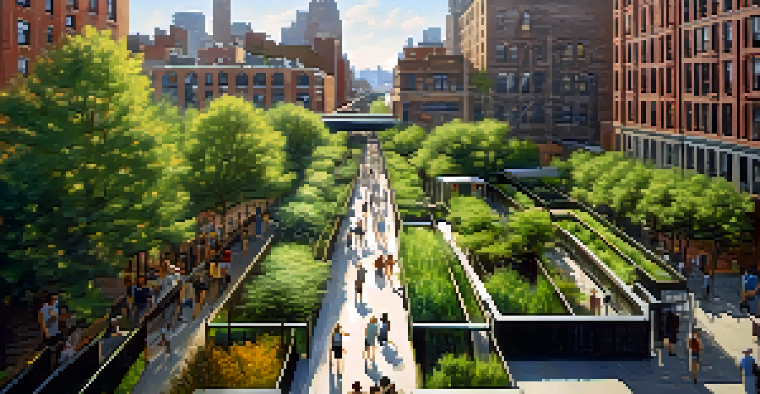 Aerial view of the High Line park with greenery, art installations, and people walking.