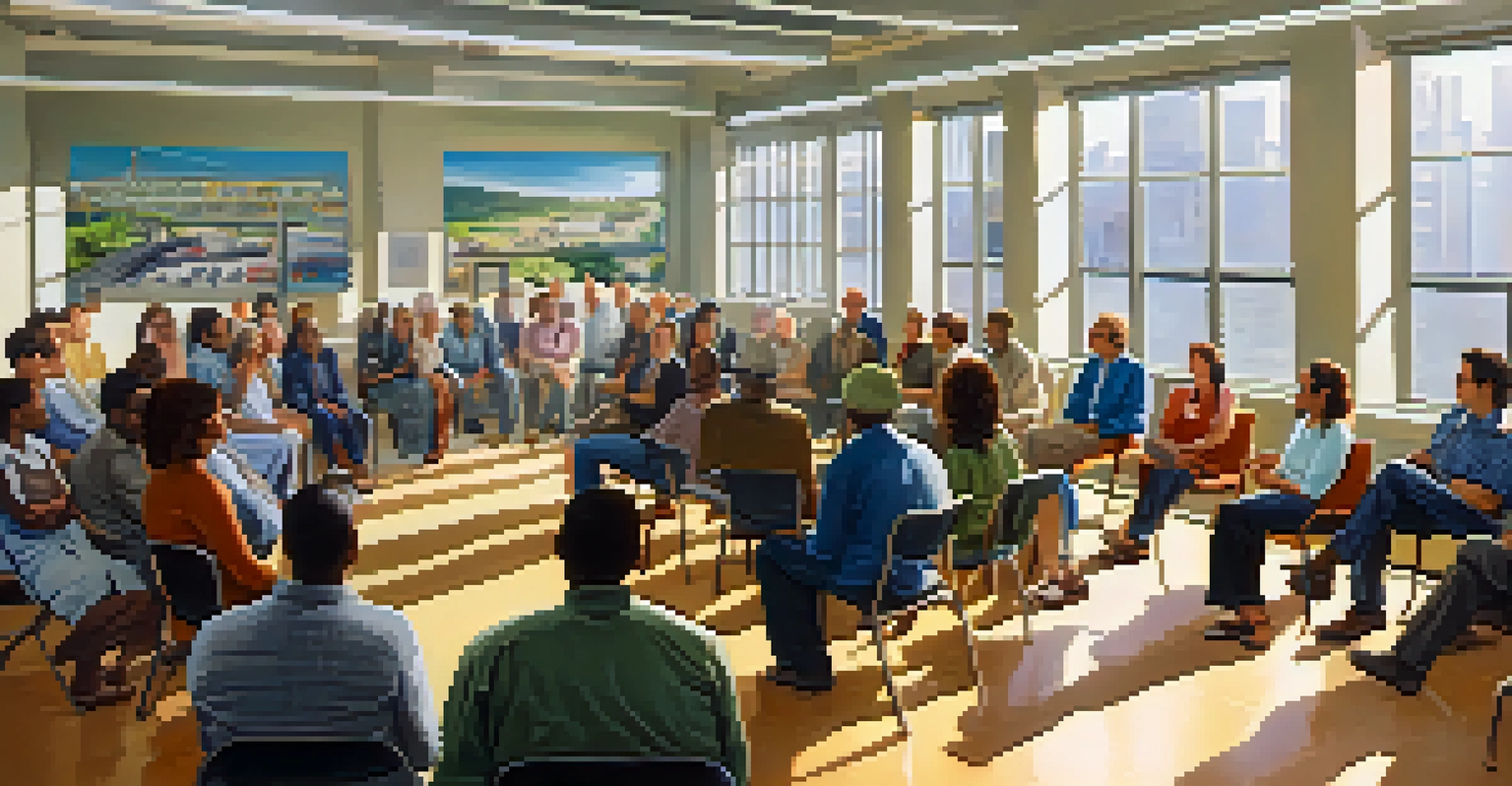 A community meeting about public transit with diverse participants discussing proposals in a bright room.