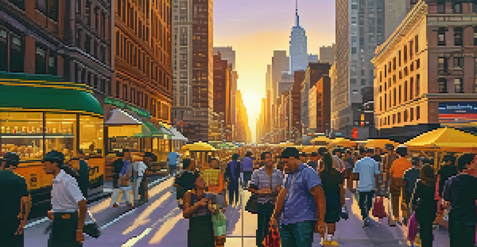A busy street in New York City during sunset with people, skyscrapers, and street vendors.