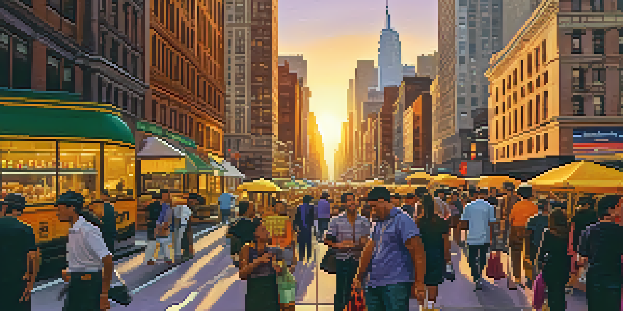 A busy street in New York City during sunset with people, skyscrapers, and street vendors.