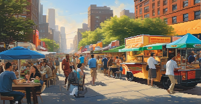 A vibrant street food scene in New York City with diverse food trucks and people enjoying various international dishes.