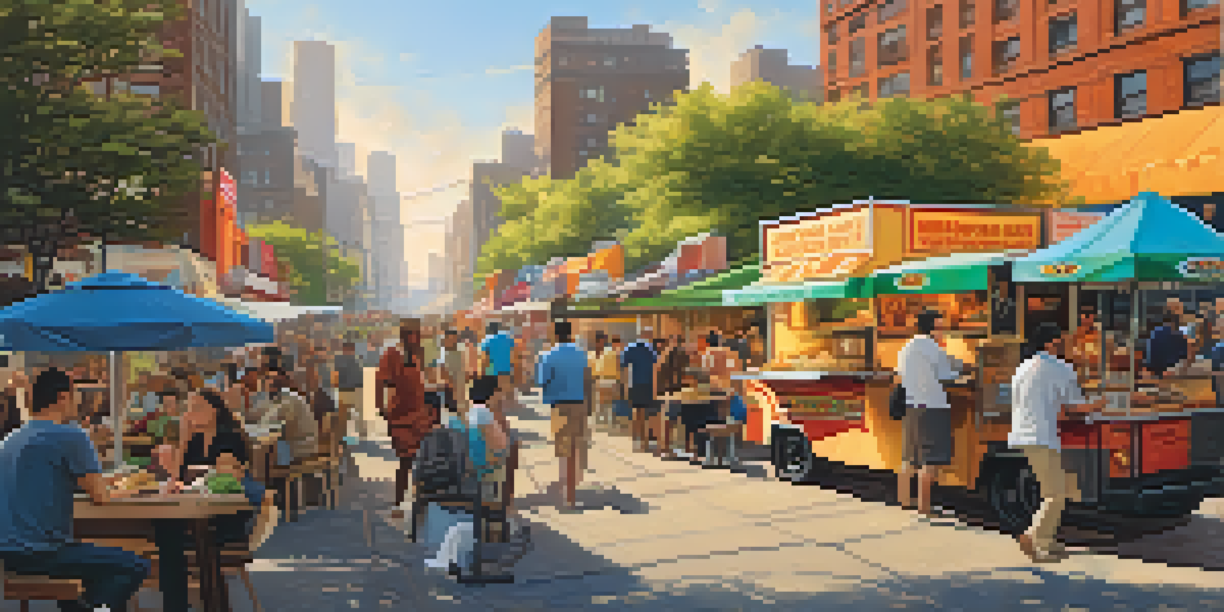 A vibrant street food scene in New York City with diverse food trucks and people enjoying various international dishes.