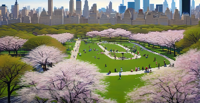Aerial view of Central Park with cherry blossoms and people enjoying the park.