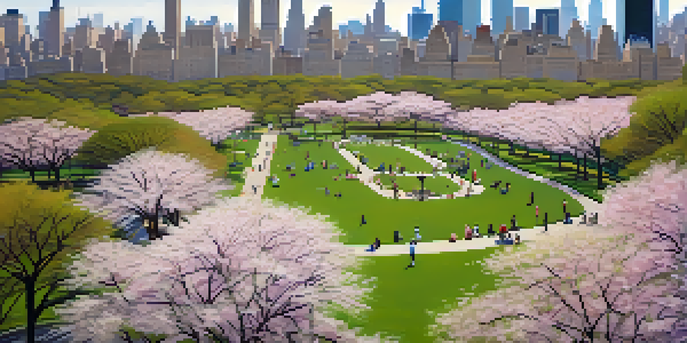 Aerial view of Central Park with cherry blossoms and people enjoying the park.
