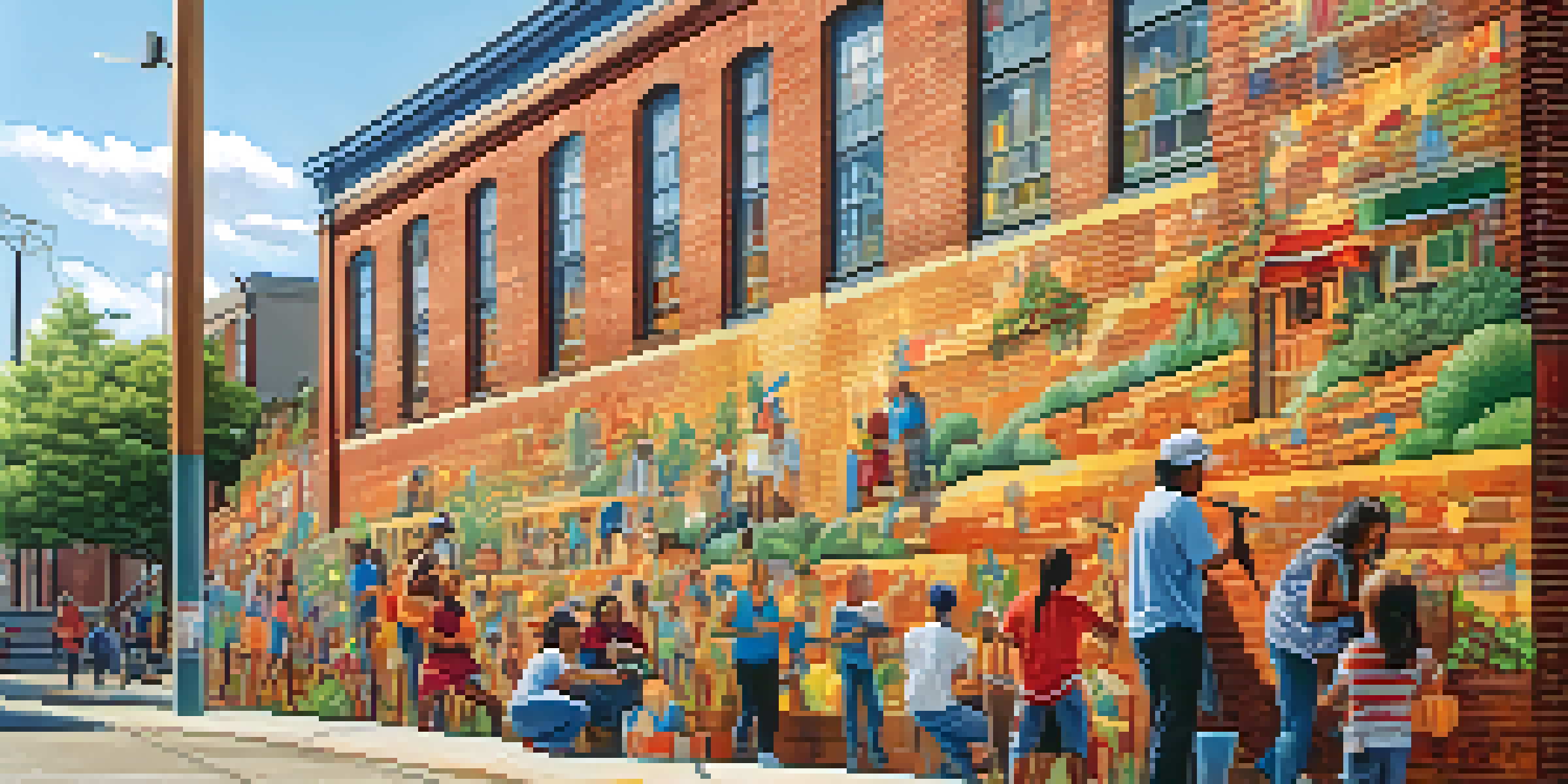 A colorful street mural showing diverse community members participating in various activities, with sunlight illuminating the scene.