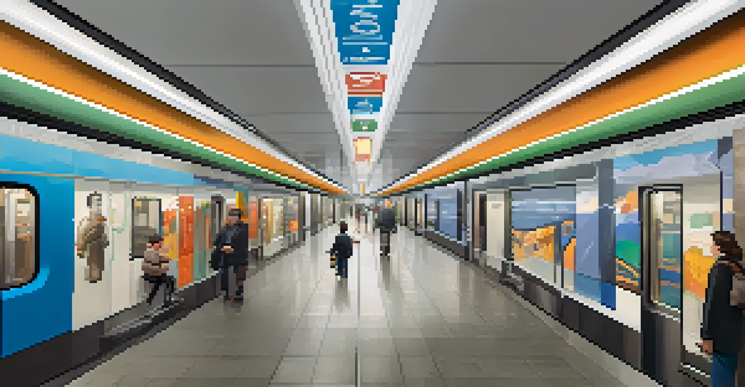 A modern, accessible subway station in New York City, highlighting elevators, tactile paths, and a family with a stroller, decorated with local art.