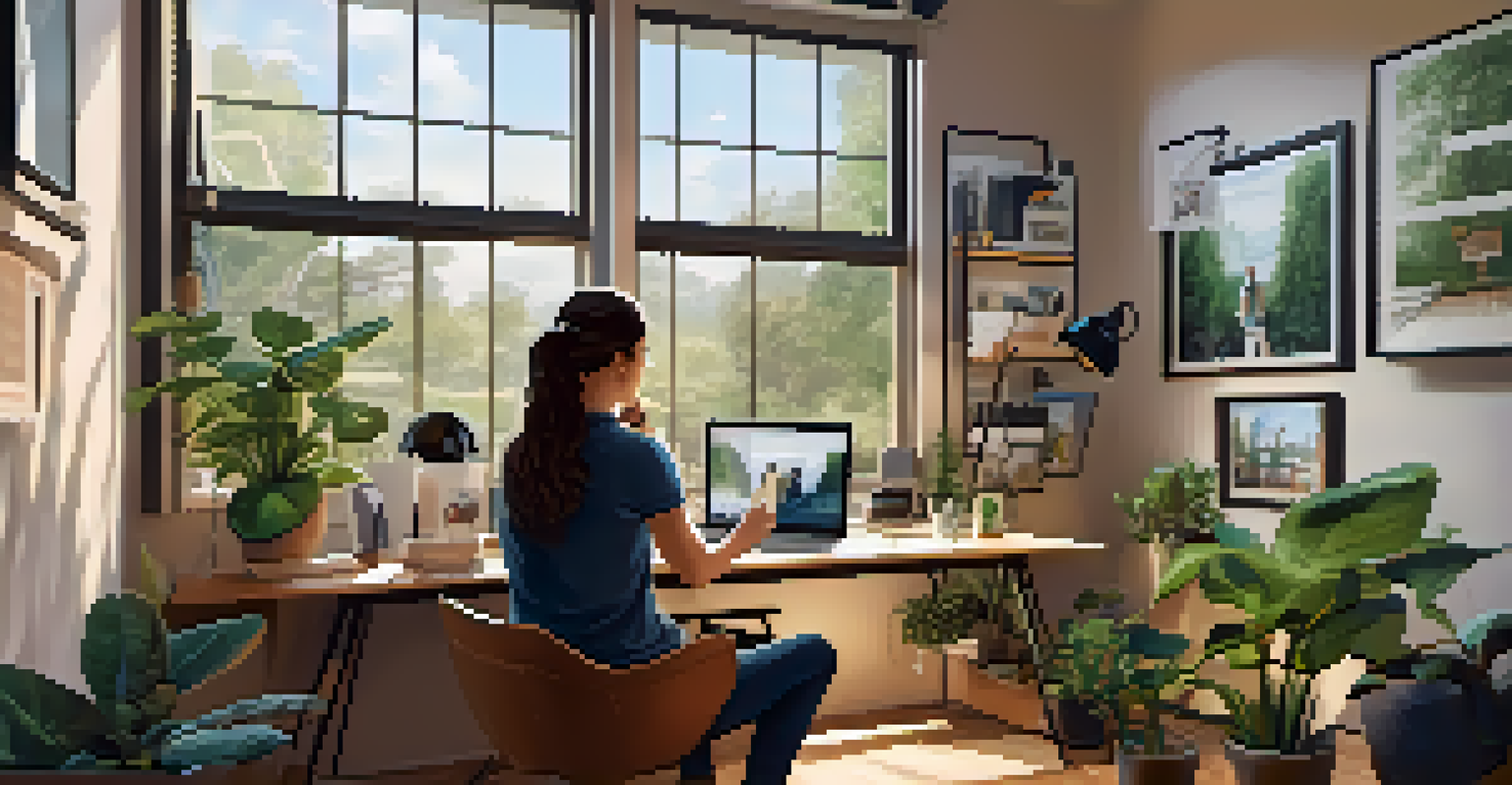 A gig worker at home in a cozy workspace, using technology and engaging in video calls with clients, surrounded by plants and creative materials.