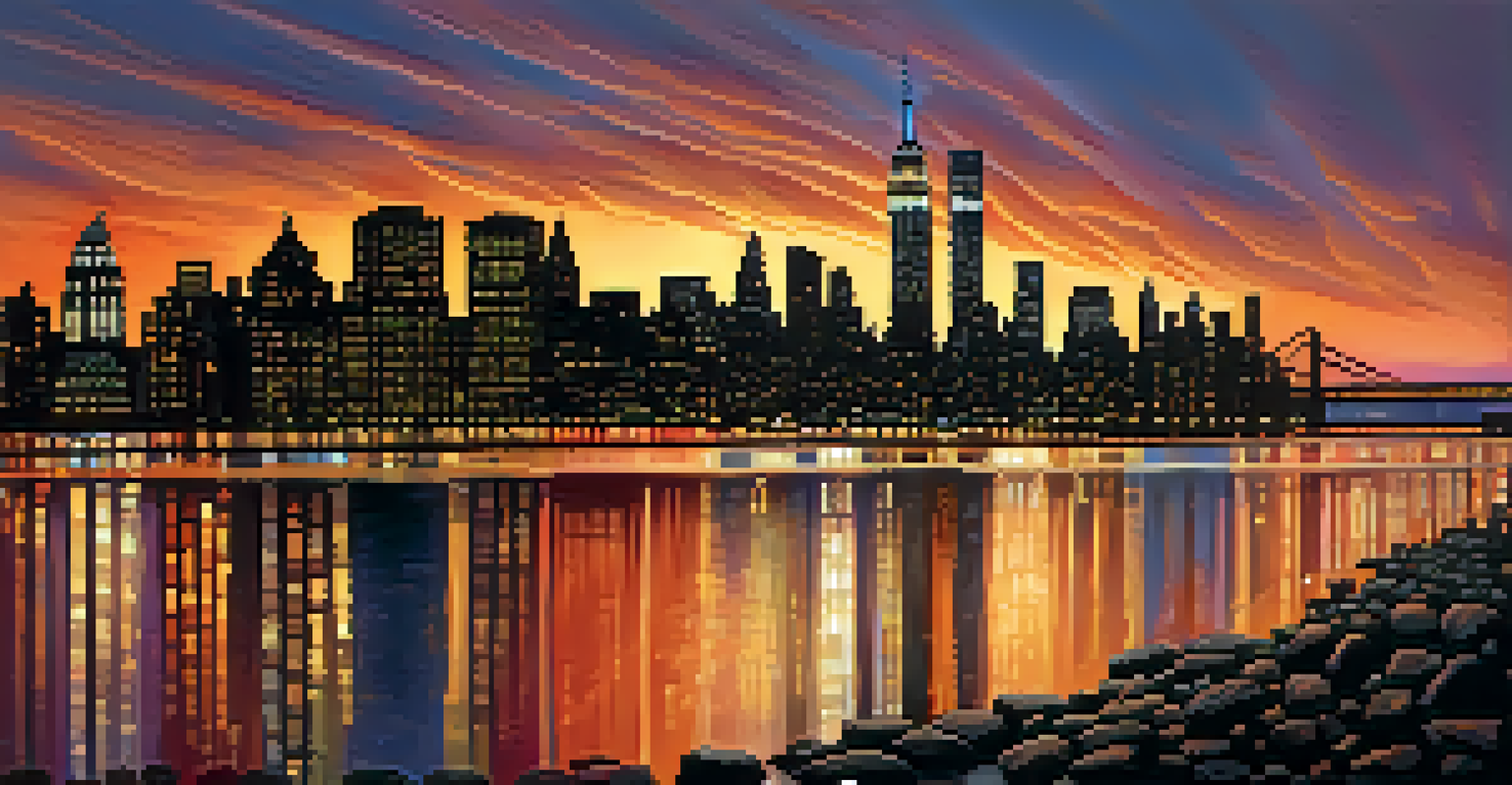 A stunning sunset view of New York City skyline with illuminated buildings and reflections in the East River.