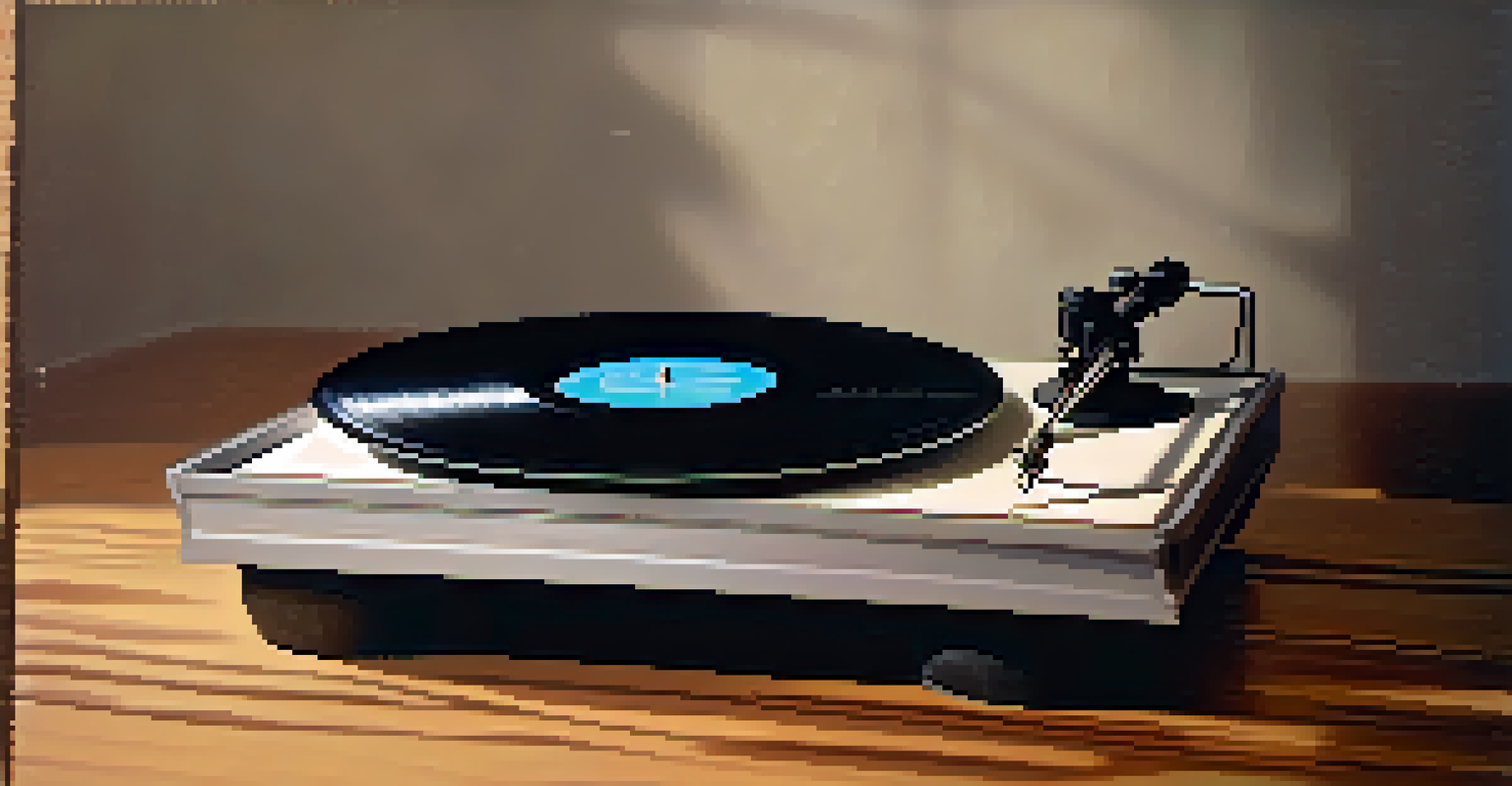 A close-up view of a jazz vinyl record on a turntable, illuminated by soft lighting, with a blurred background.