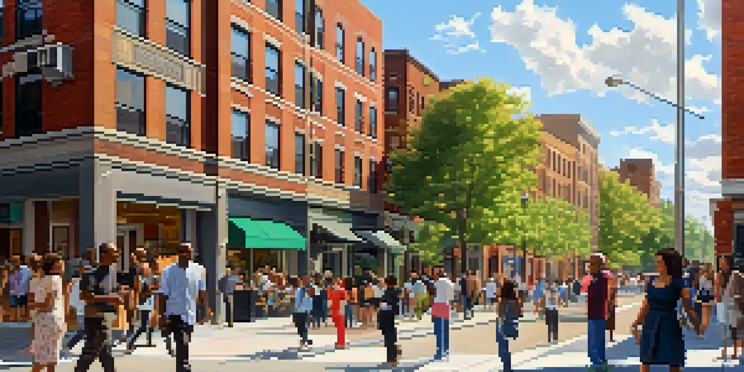 A vibrant street scene in New York City with people of various backgrounds gathered outside a new affordable housing building, surrounded by greenery and art.